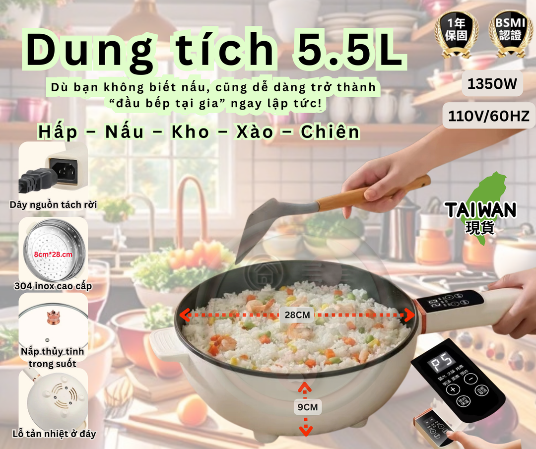 Nồi Chiên Xào Đa Năng 5.5L Thông Minh, Thiết Kế Chuẩn Đài Loan