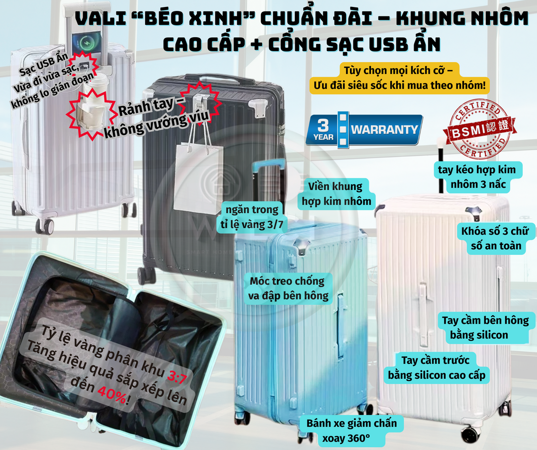 Vali béo xinh - khung nhôm cao cấp + cổng sạc USB ẩn