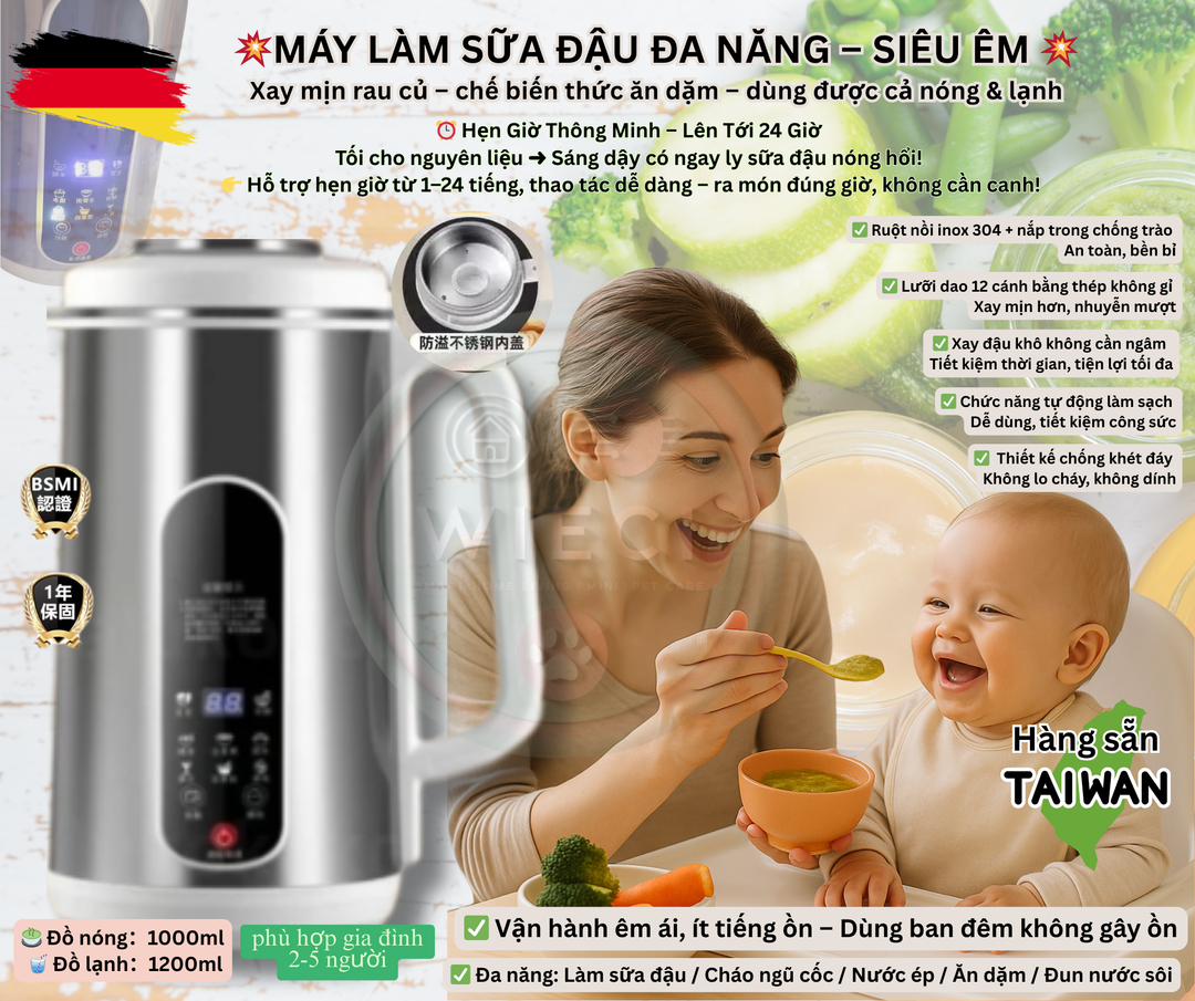 MÁY XAY NẤU ĐA NĂNG - 1200ML Chỉ 3 bước đơn giản – không cần ngâm đậu – xay mịn, uống ngay!
